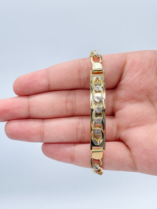 9mm 18k Gold Layered Two Tone Unisex ID Bracelet Featuring Curb Chain Detail