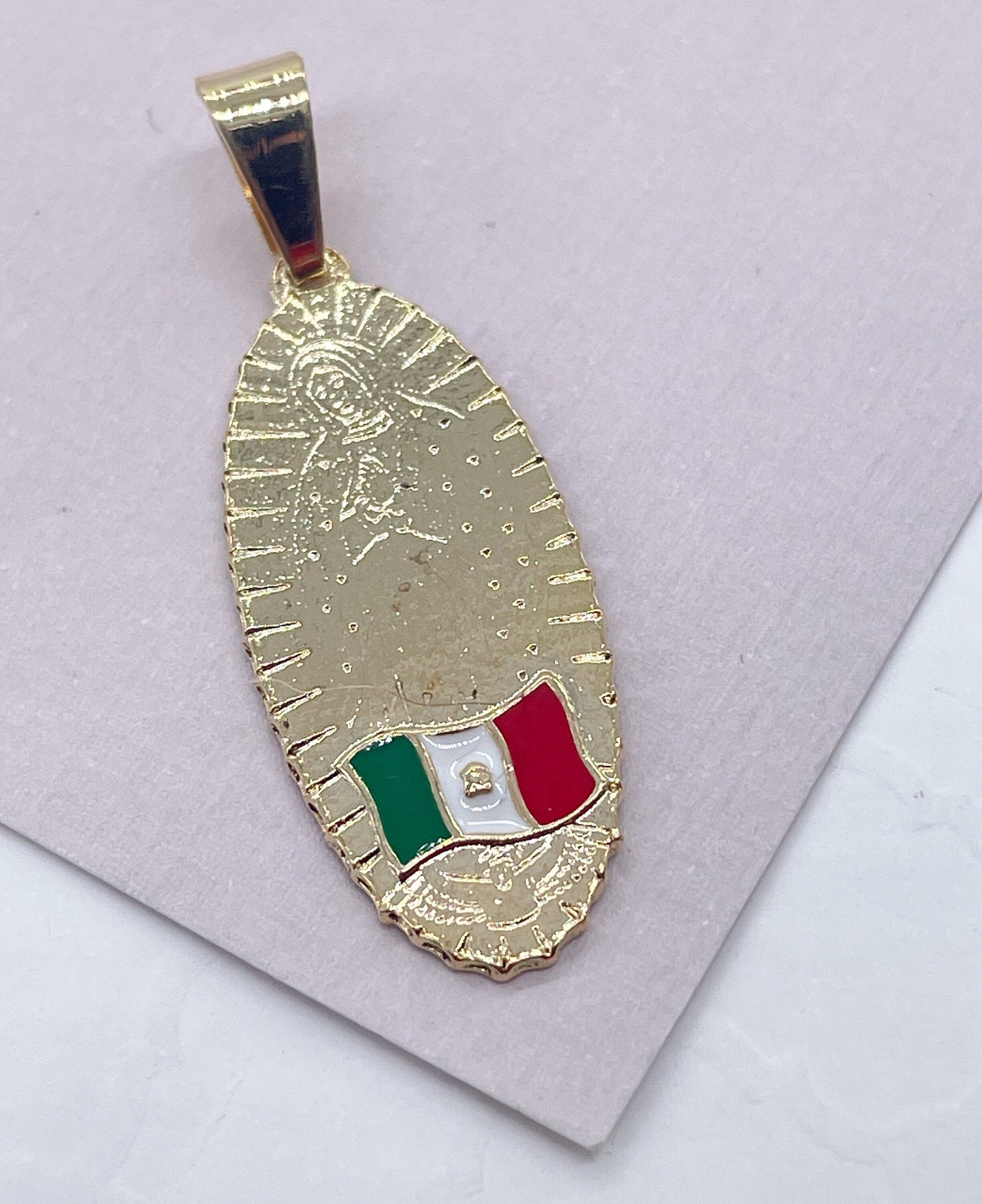 18k Gold Layered Oval Shaped Our Lady of Guadalupe Pendant Featuring Mexican Flag