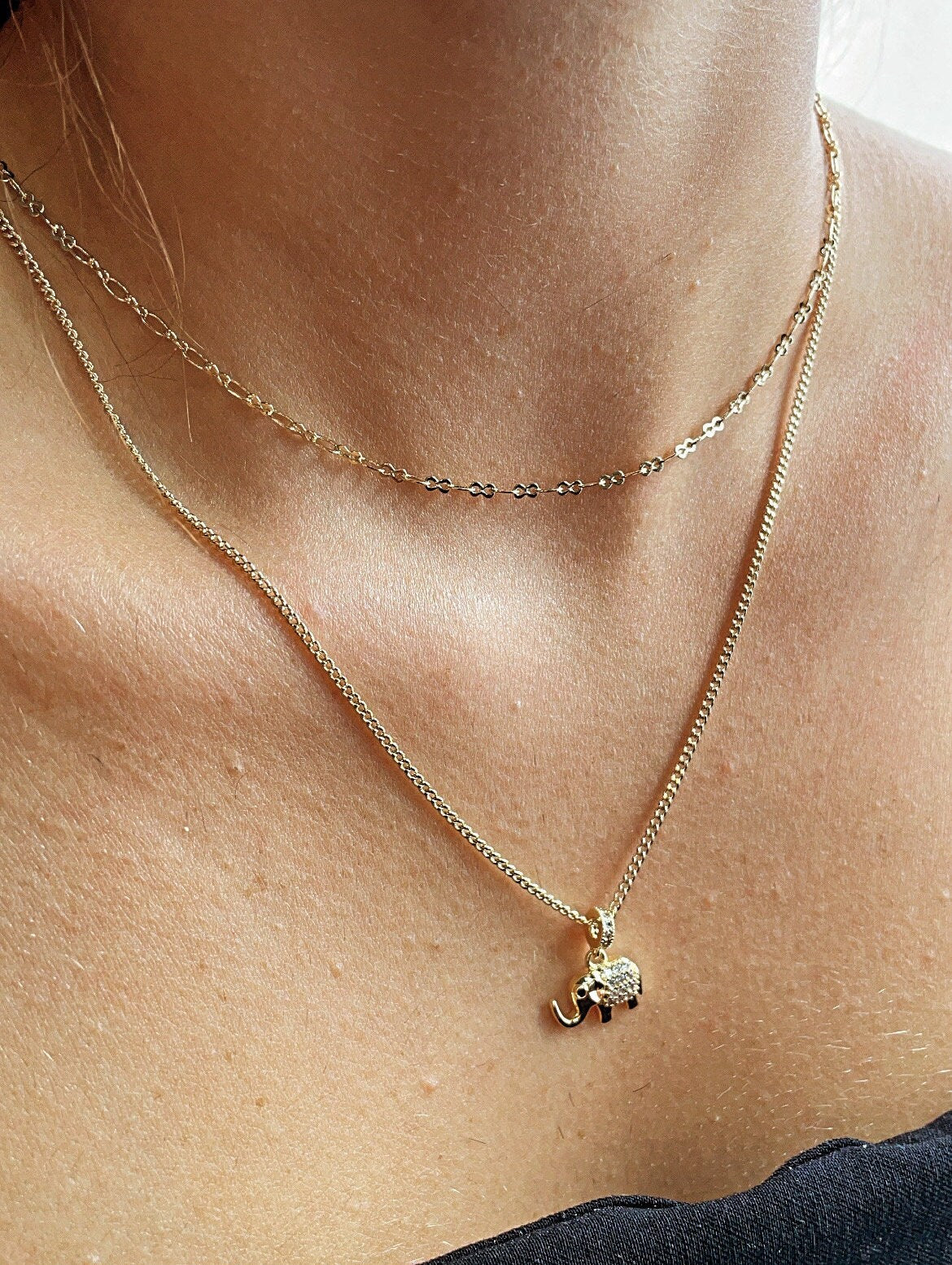 18k Gold Filled Layered Thin Curb And Cable Chain Necklaces Featuring Cute Elephant Charm Good tune Jewelry