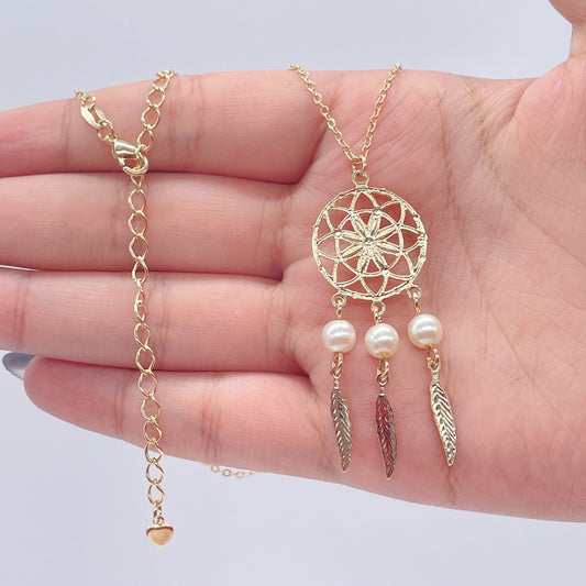 18k Gold Layered Dream Catcher Jewelry Set With Earrings And Necklace Featuring