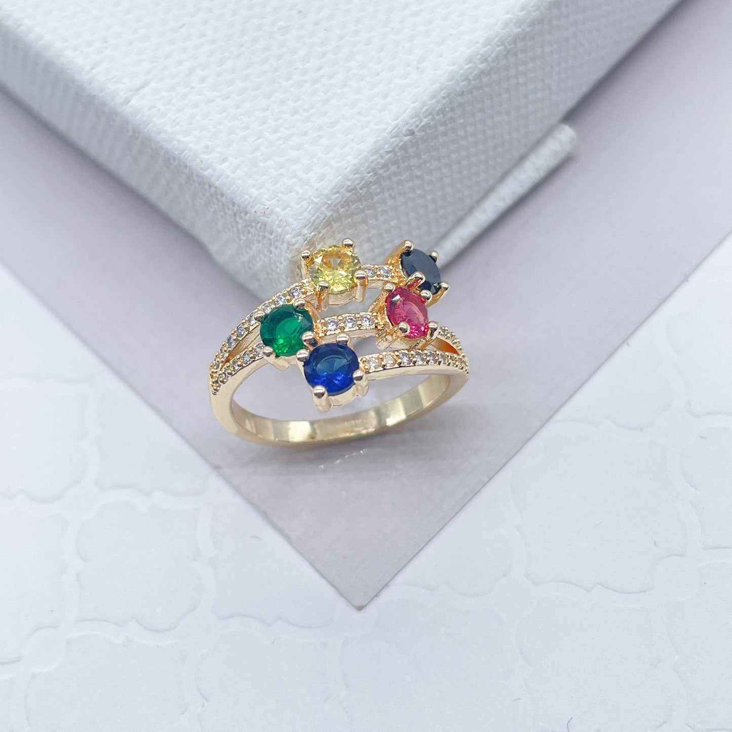 18k Gold Filled with Five Multi Color Cubic Zirconia Stones Ring Details In Clear Micro Pave Cubic Zirconia