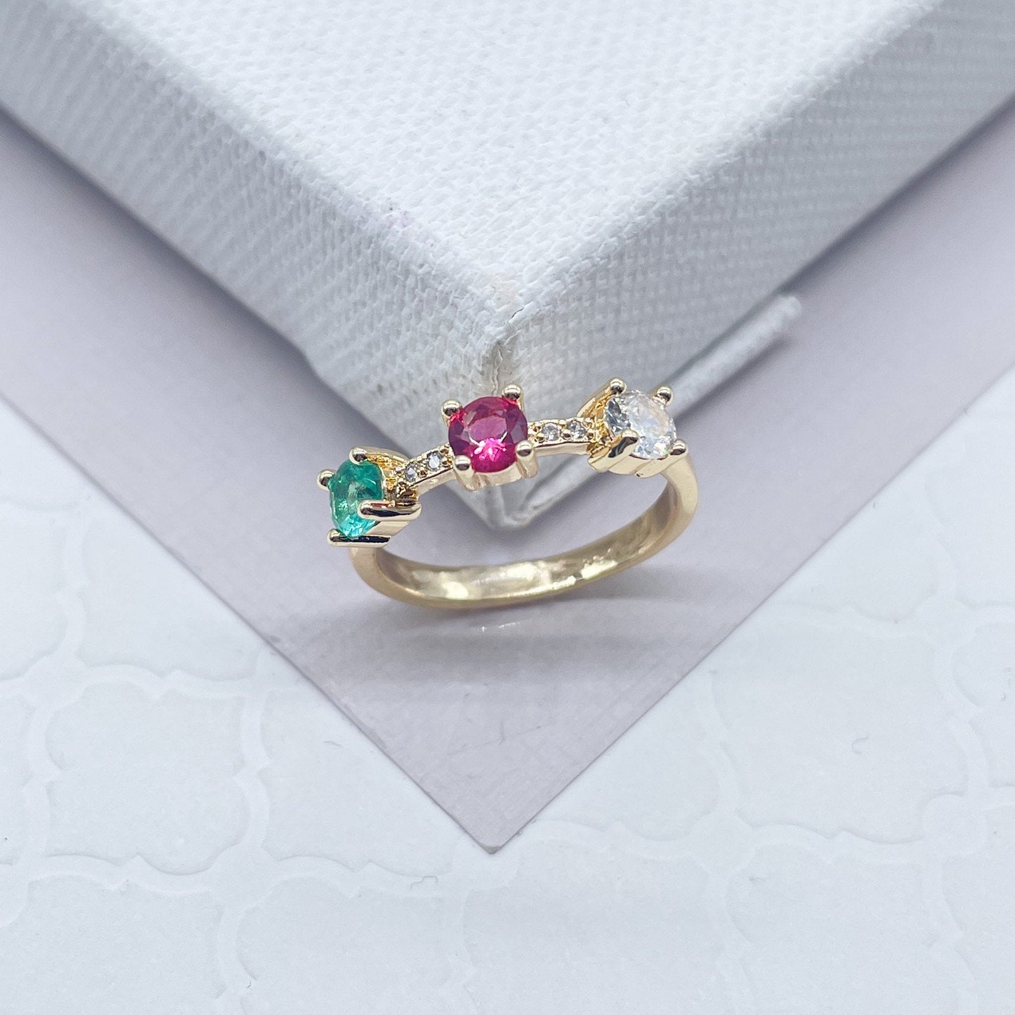 18k Gold Filled Pink, Crystal and Green Color Cubic Zirconia Stones Ring featuring Eternity Style Cubic Zirconia