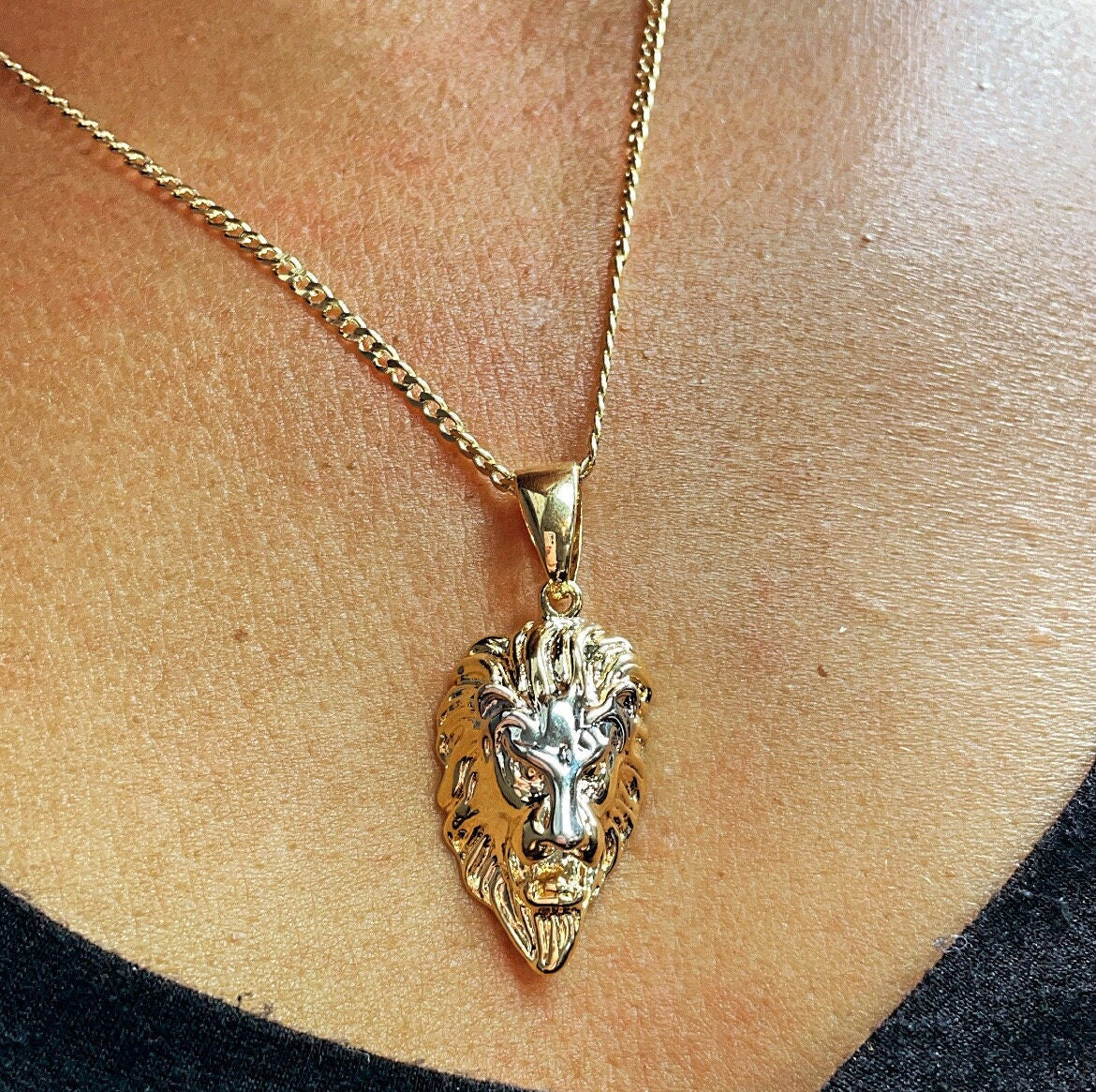 18k Gold Layered Lion Head Pendant With Silver Head And Gold Mane Tow Tone