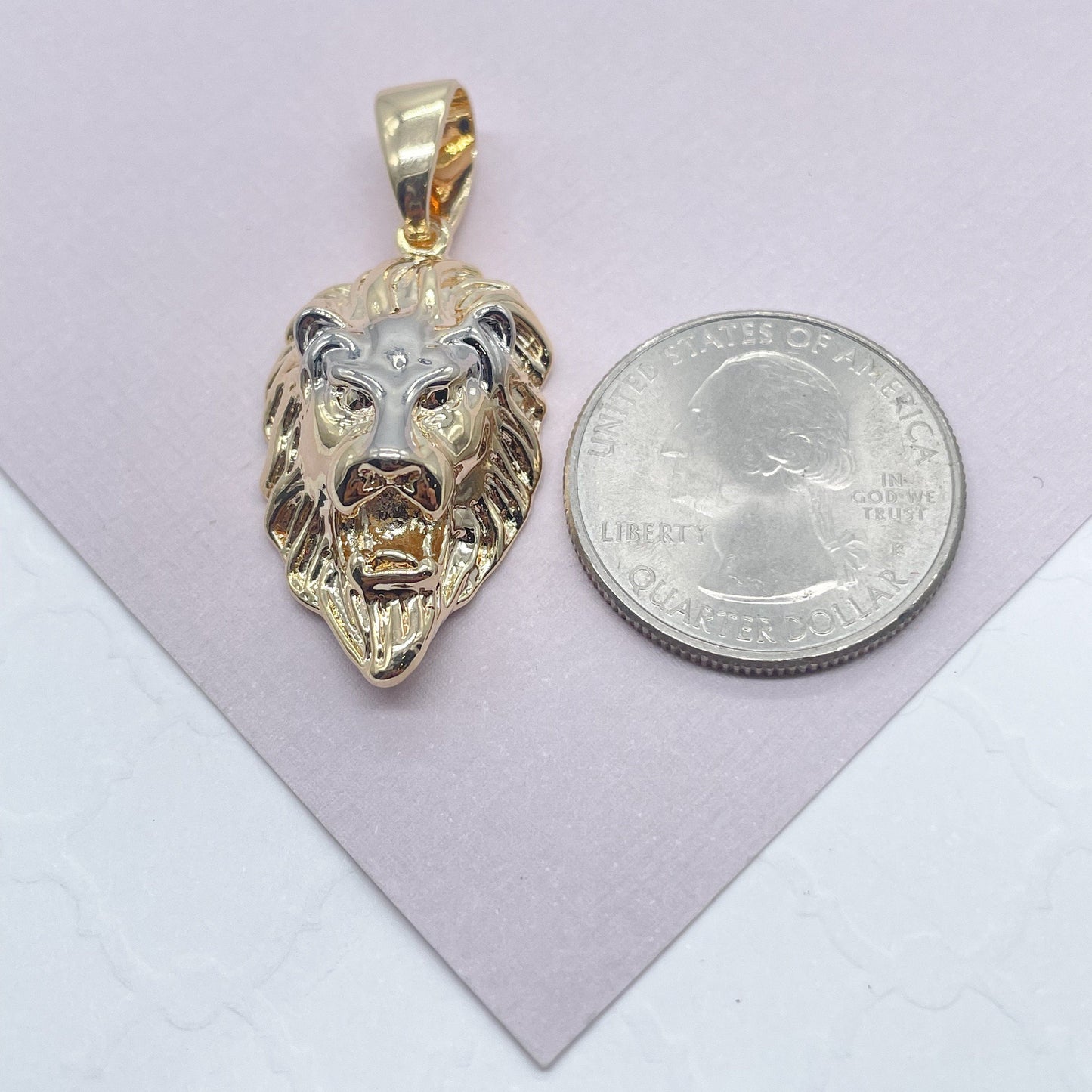 18k Gold Layered Lion Head Pendant With Silver Head And Gold Mane Tow Tone