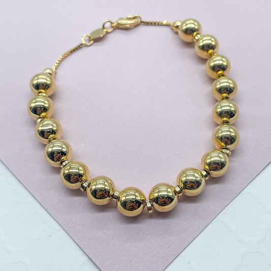 18k Gold Layered 8mm Beaded Women’s Bracelet, Gold Plain Ball Beads Bracelet,