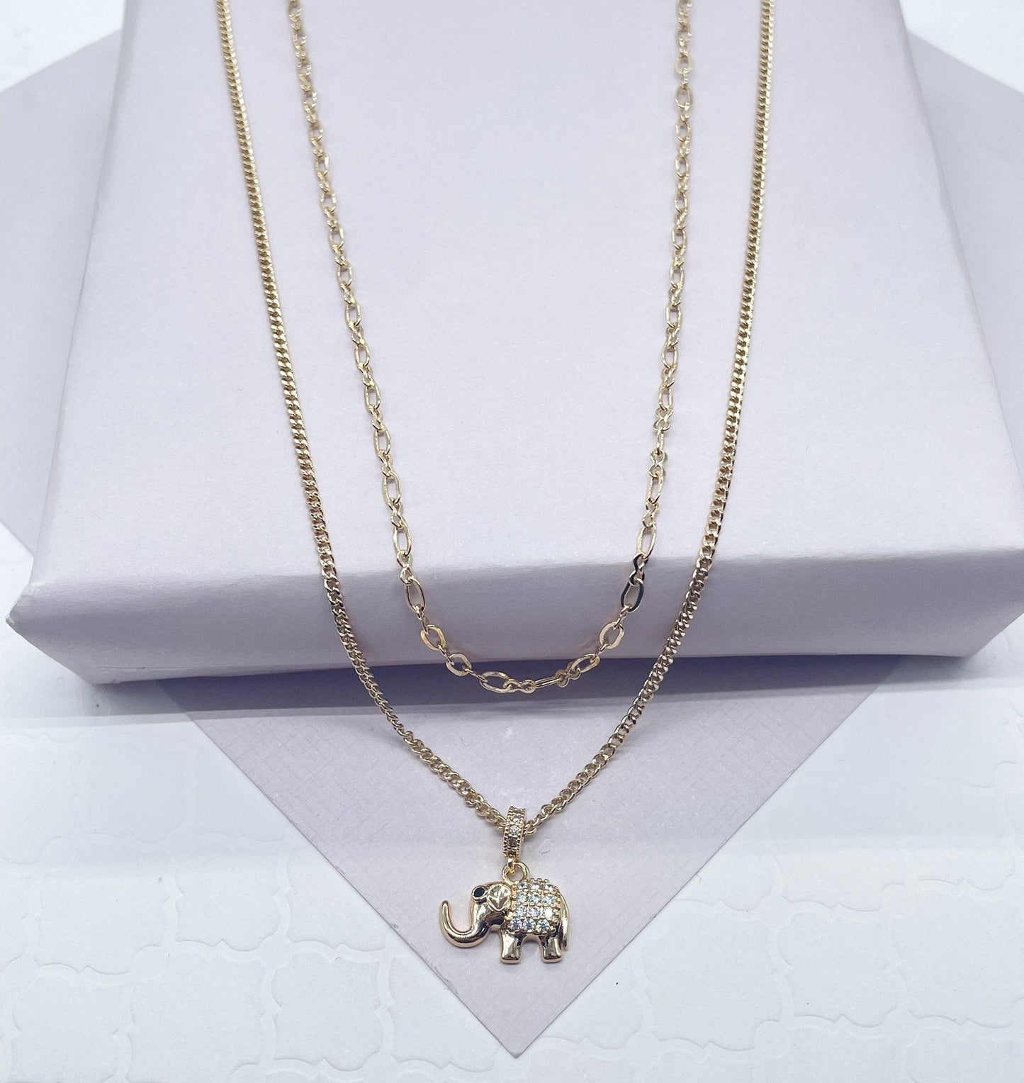 18k Gold Filled Layered Thin Curb And Cable Chain Necklaces Featuring Cute Elephant Charm Good tune Jewelry