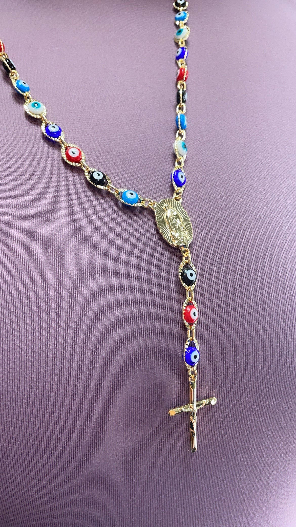 18k Gold Layered 24” long Colorful Evil Eye Rosary Style Necklace Featuring Our