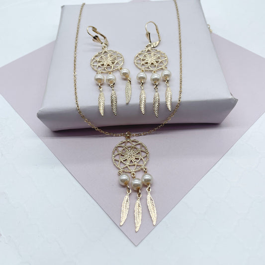 18k Gold Layered Dream Catcher Jewelry Set With Earrings And Necklace Featuring