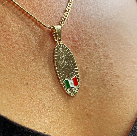 18k Gold Layered Oval Shaped Our Lady of Guadalupe Pendant Featuring Mexican Flag