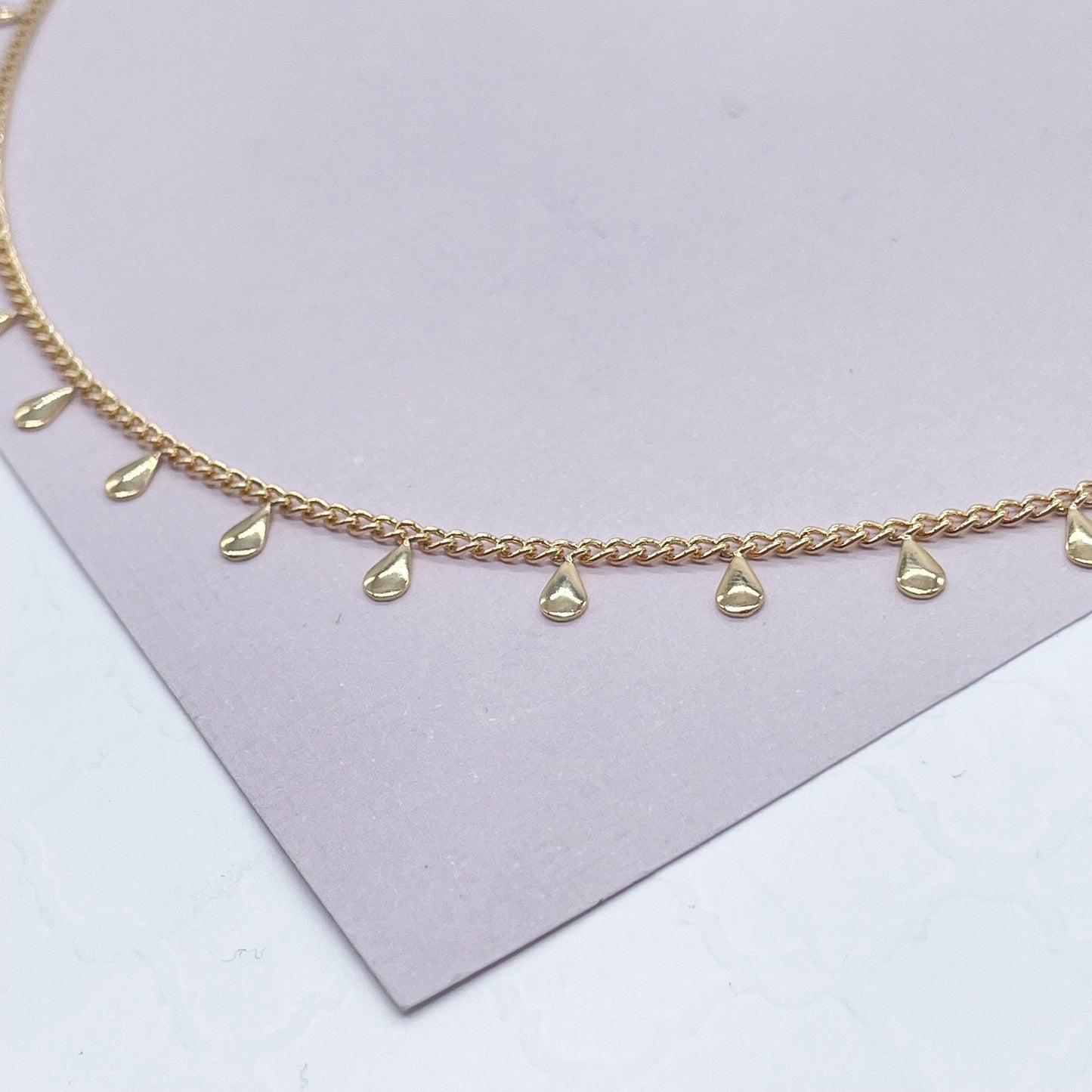 18k Gold Layered Thin Curb Link Choker With Teardrop Fringe Charms Facing Outward