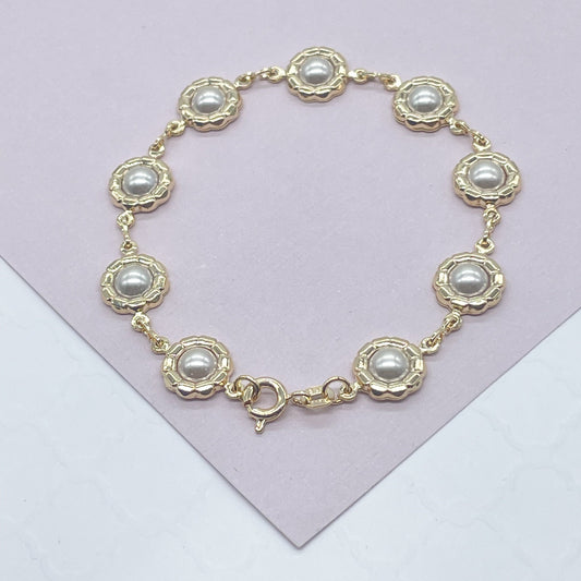 18k Gold Layered Bracelet With Embedded Simulated Pearls Wholesale Jewelry