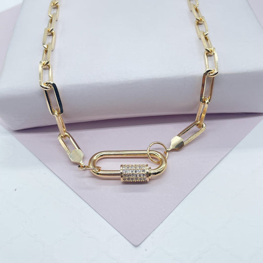 18k Gold Layered Paperclip Choker with Zirconia Carabiner Front Lock Wholesale