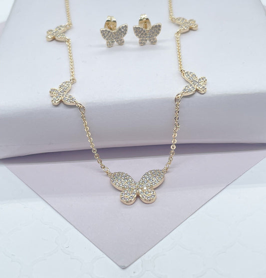 18k Gold Filled Micro Pave Butterfly Set With Earrings & Necklace