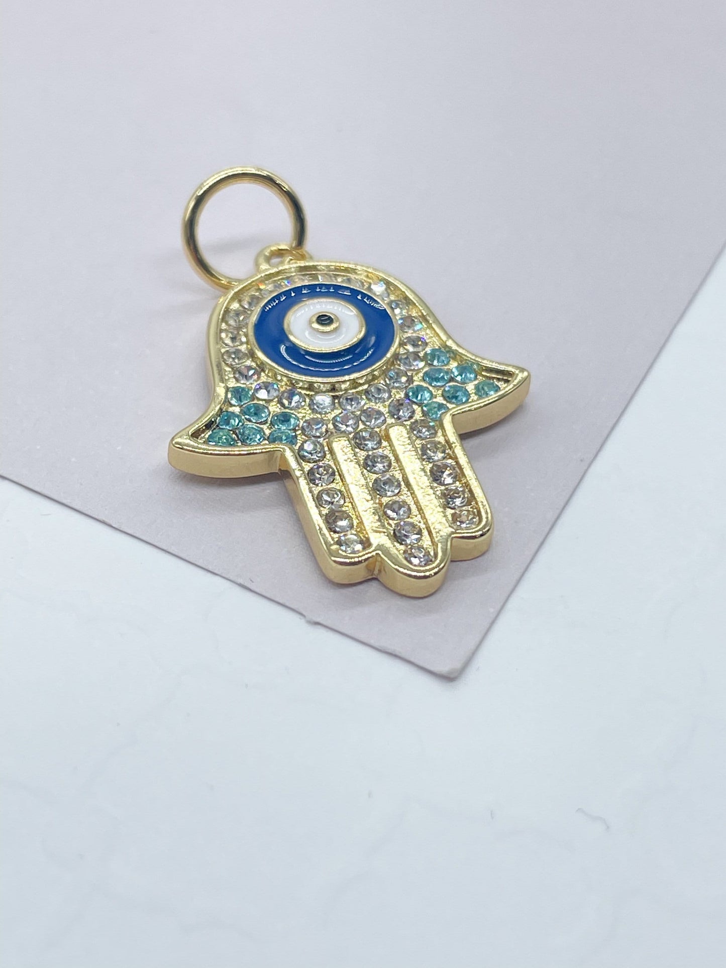 18k Gold Filled Multi-Stone Hamza Hand With Blue Eye