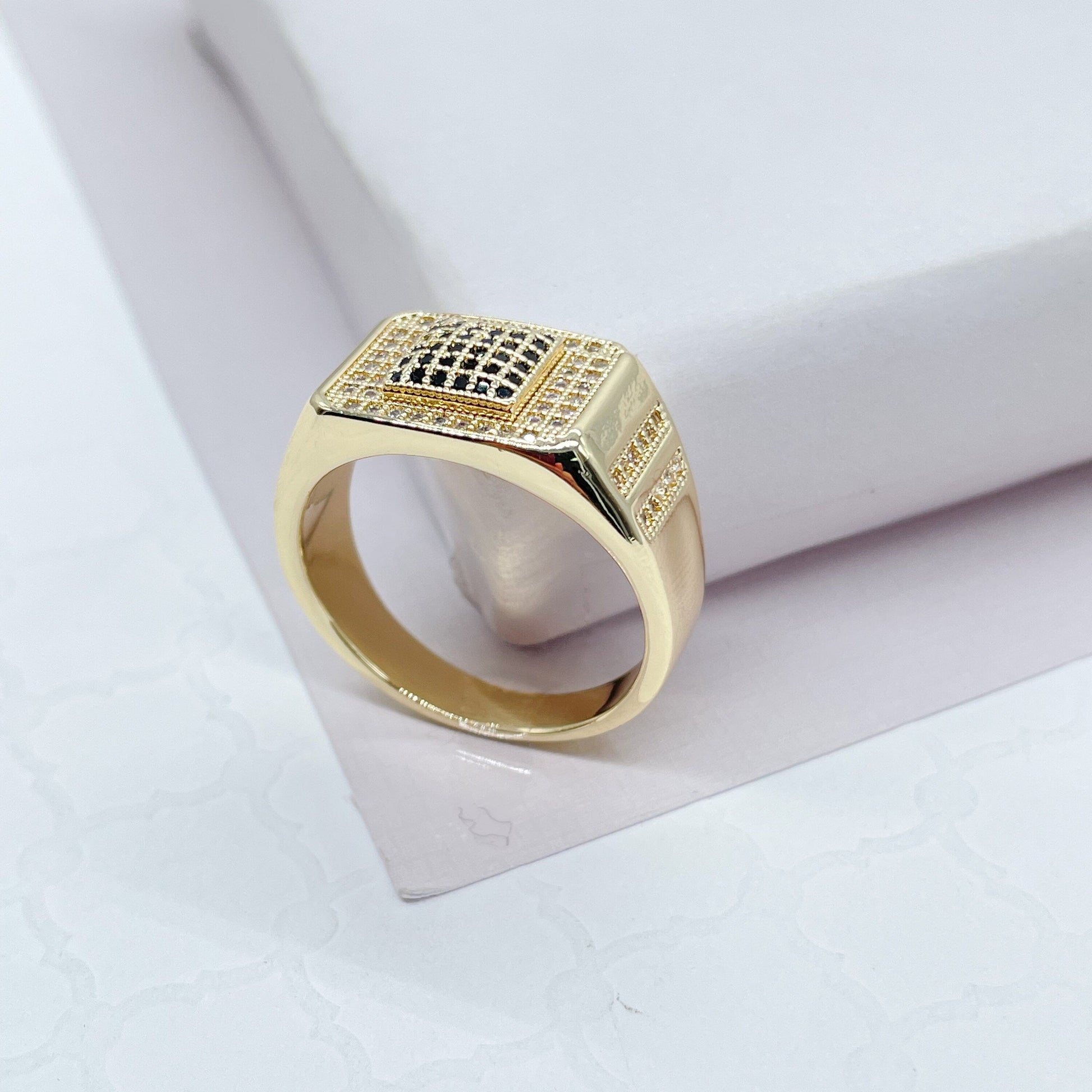 18k Gold Filled Square Shaped Ring Layered With Small Black Pave Square