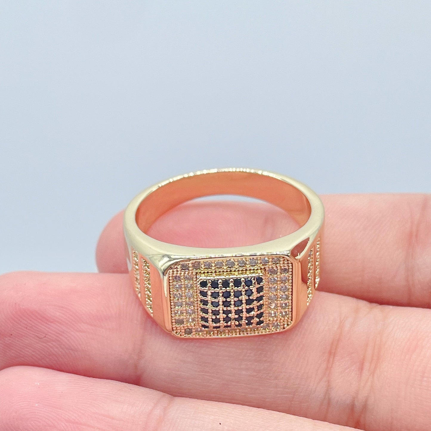 18k Gold Filled Square Shaped Ring Layered With Small Black Pave Square