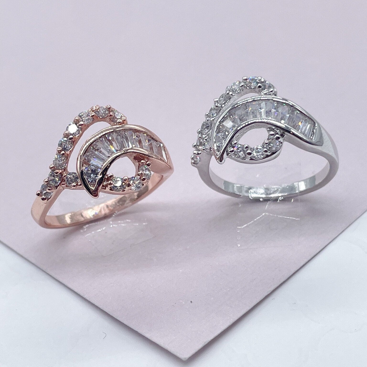 Silver Filled or Rose Gold Cubic Zirconia Mixed Baguette Zirconia Ring