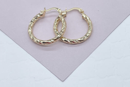 18k Gold Filled Small Twisted Diamond Cut Textured Hoop Earrings 25mm Diameter