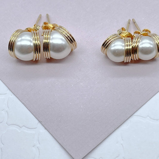 18k Gold Filled Pearl Stud Side Wrapped By Gold Wire Hoop Detail, Small And Medium Size Available,