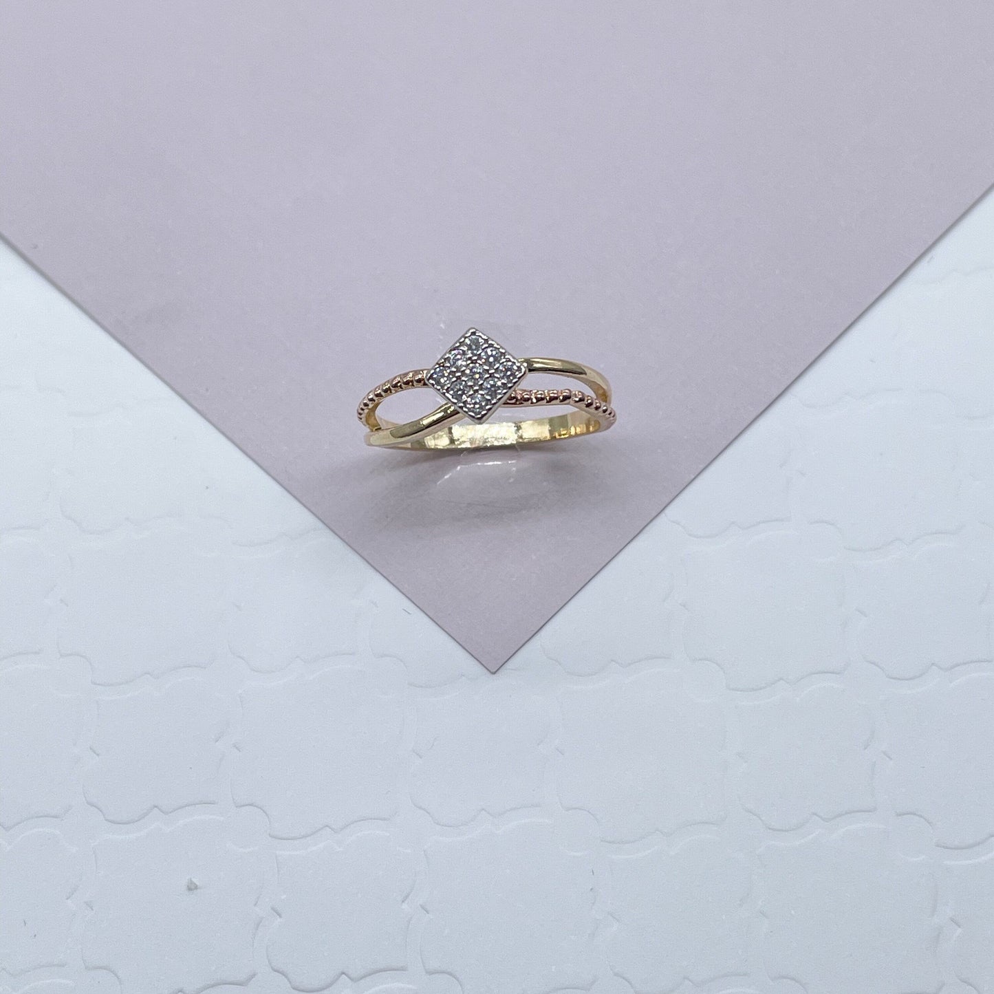 18k Gold Filled Ring Featuring Square Shape With Nine Cubic Zirconia on Top