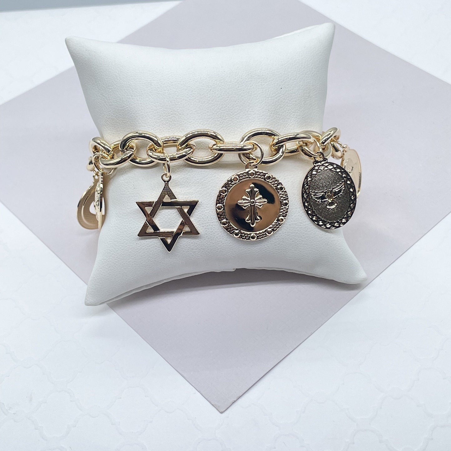 18k Gold Filled Bracelet With Mixed Religious and Protection Charms