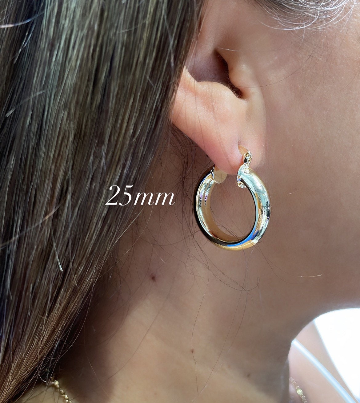 18k Gold Filled Thick Flat Inside Hoop Earrings, Plain Gold Fat