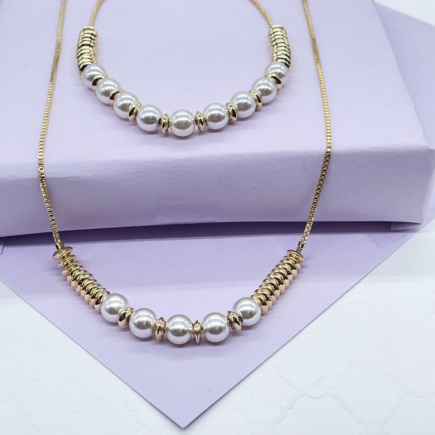 18k Gold Filled Delicate Pearl Set With Puffy Disks and Pearls