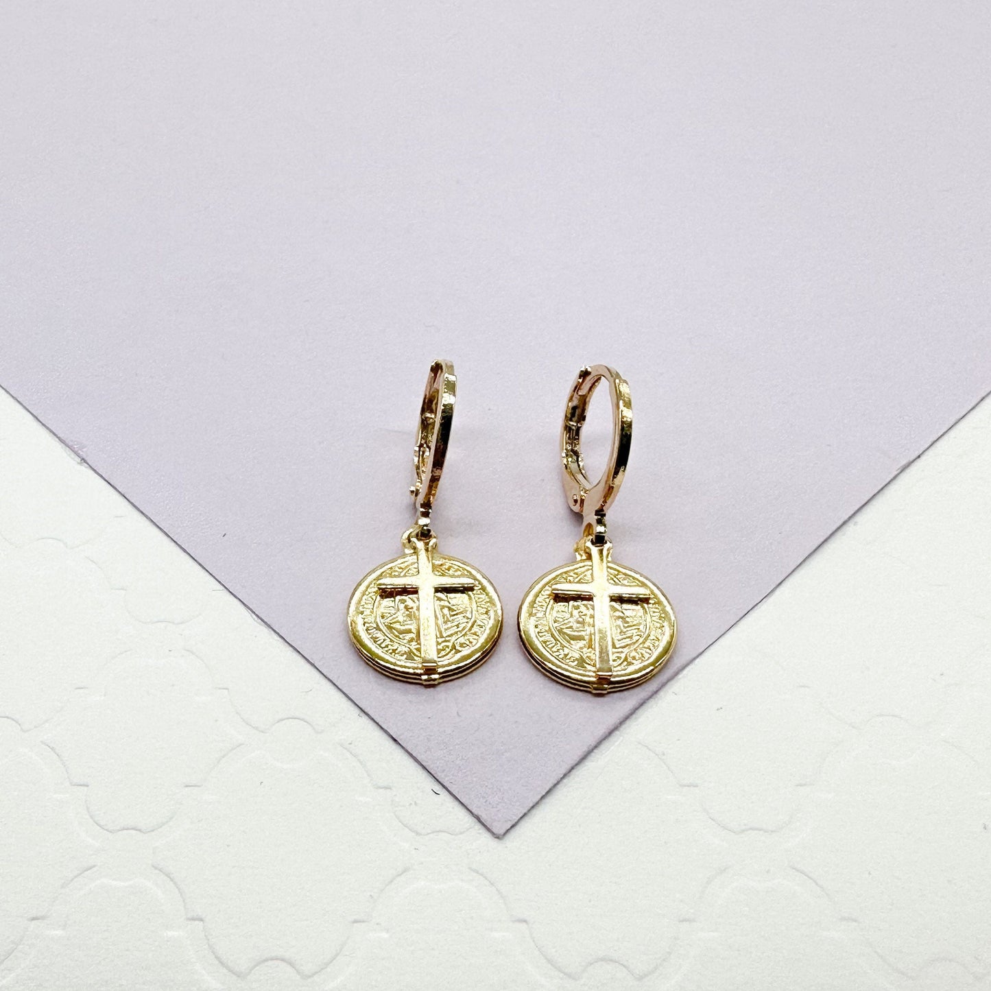 18k Gold Filled Mini San Benedict and Small Cross Dangling Earrings