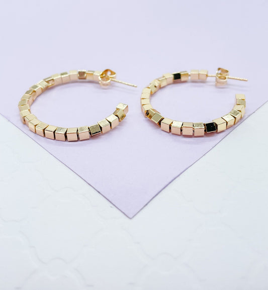 18k Gold Filled Open Hoop C-Shape Earring featuring flexible square cubes