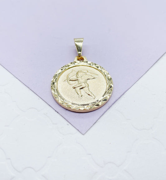 18k Gold Filled Medallion Charm Pendant With engraved Angel in Center