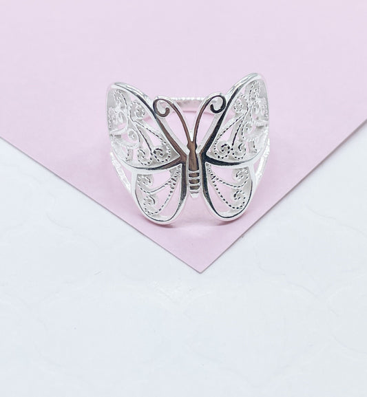 925 Sterling Silver Large Engraved Butterfly Ring