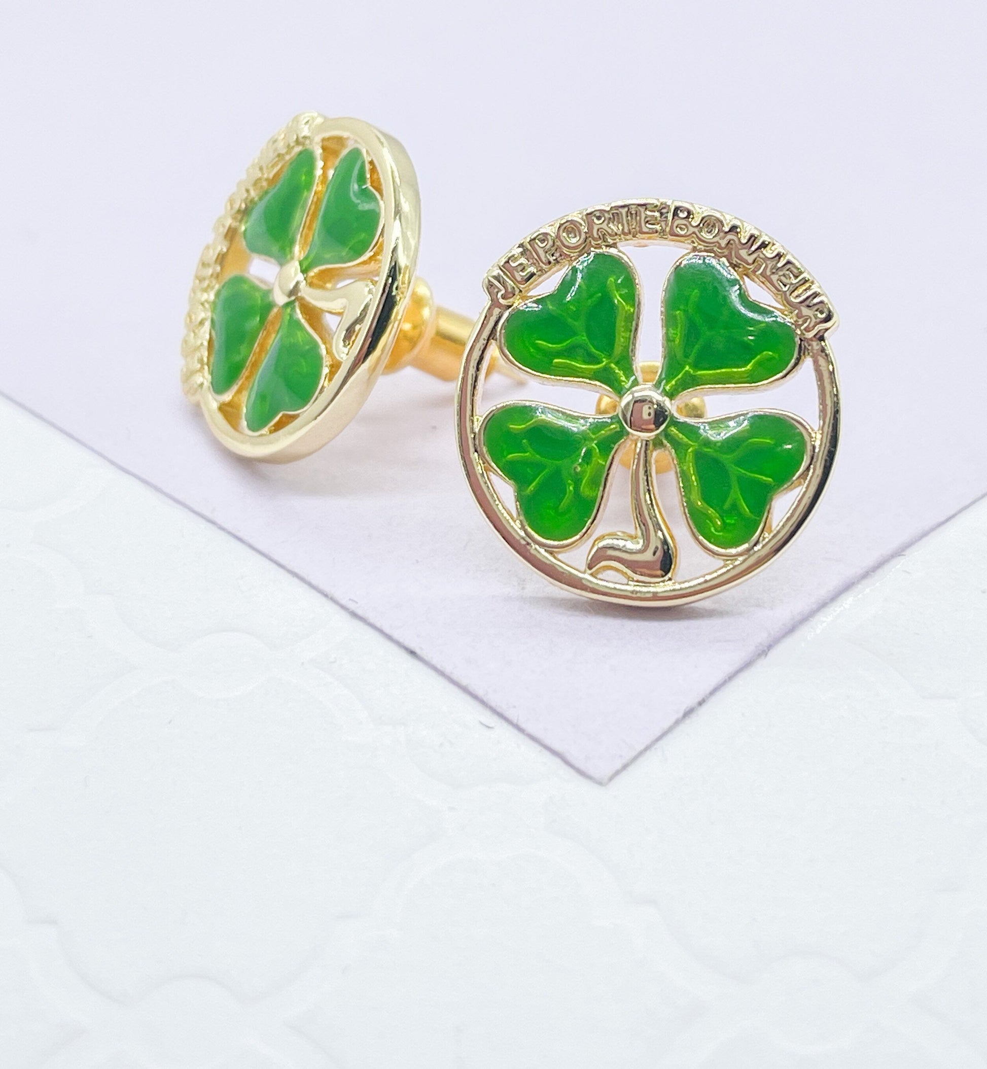 18k Gold Filled Green 4-Leaf Clover Stud Earring