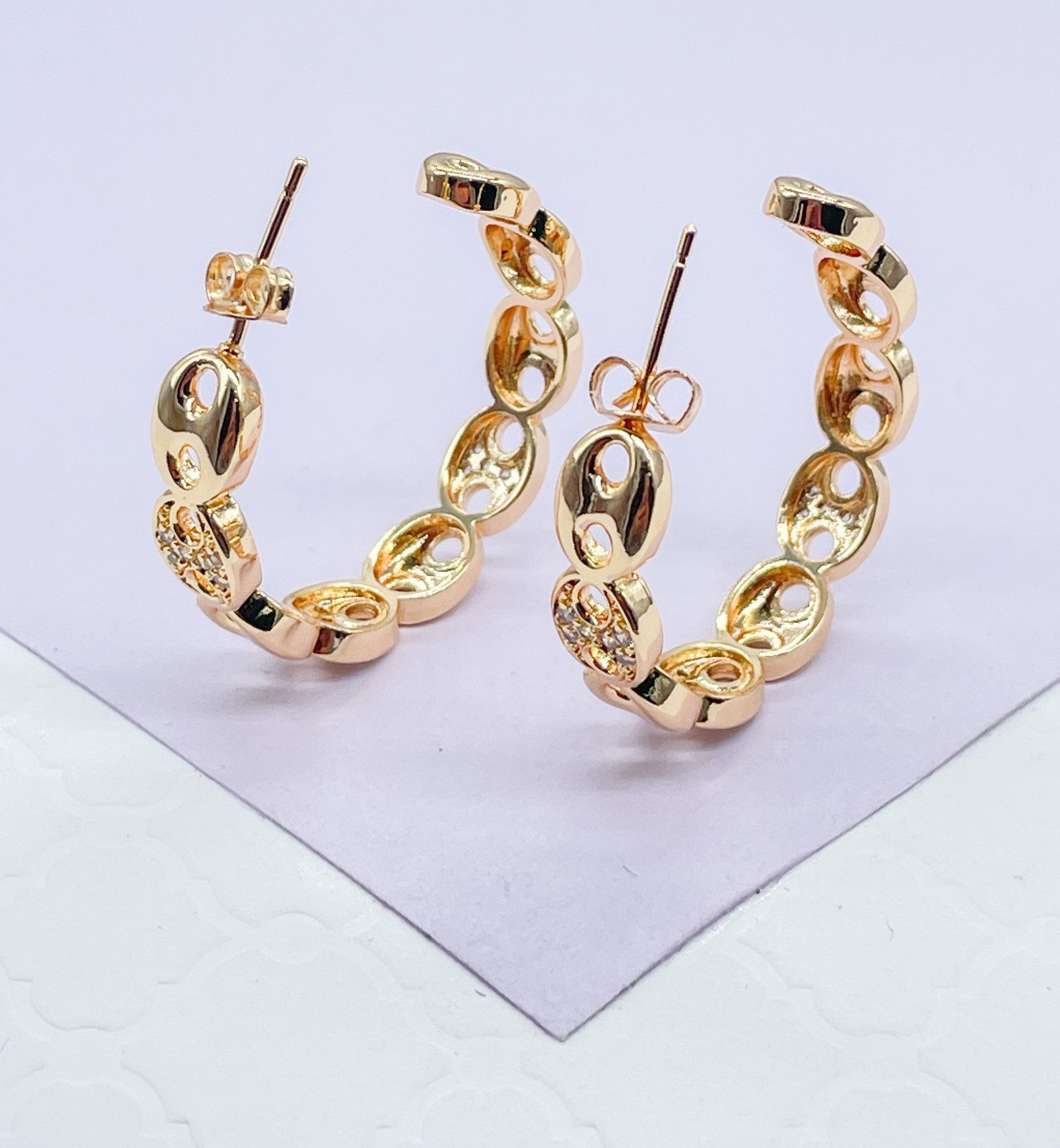 18k Gold Filled Open Puffy Mariner Link Hoop Earring Patterned With Pave Link Pieces