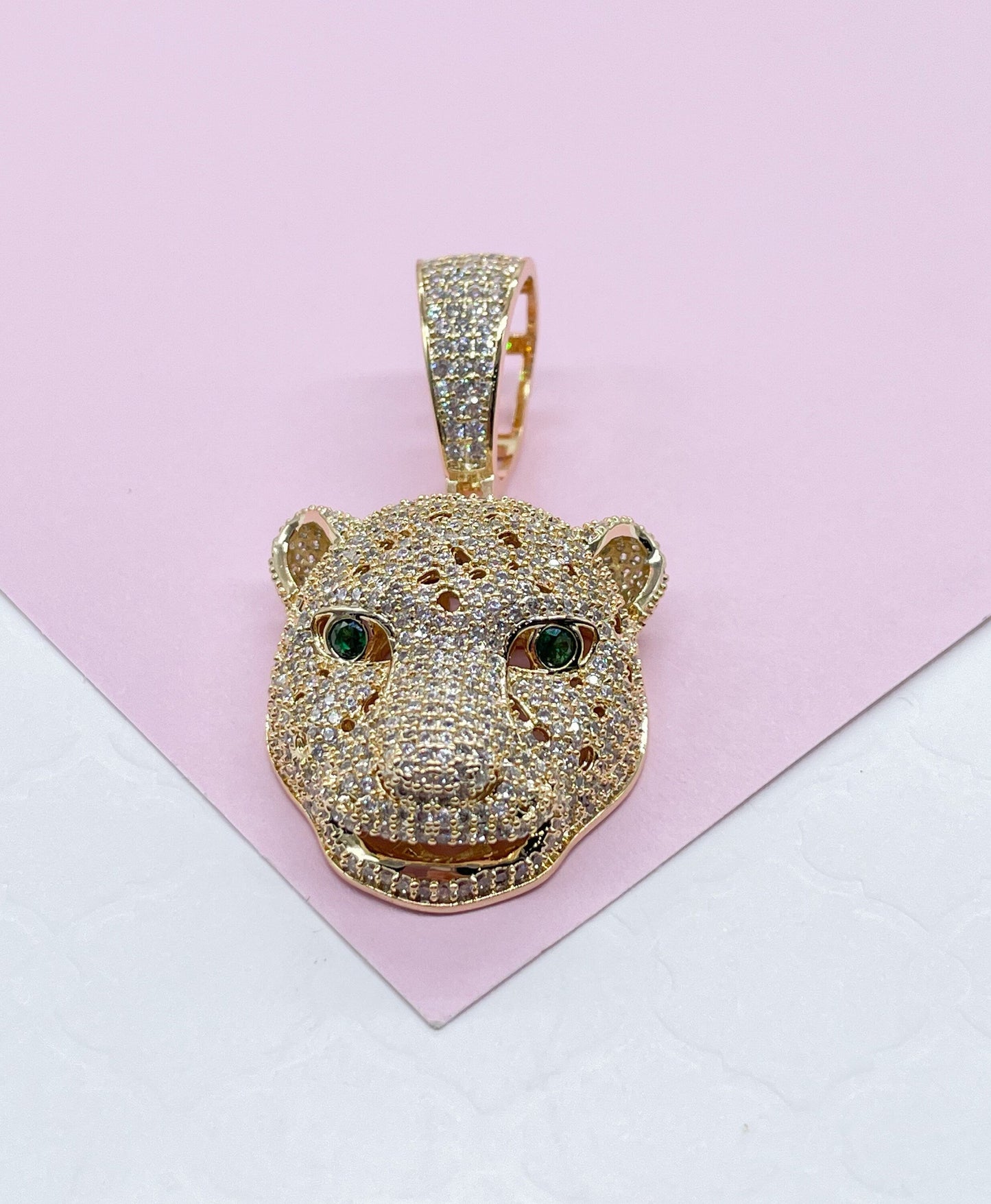 18k Gold Filled Micro Pavê Zirconia Panther Head With Emerald Green Eyes