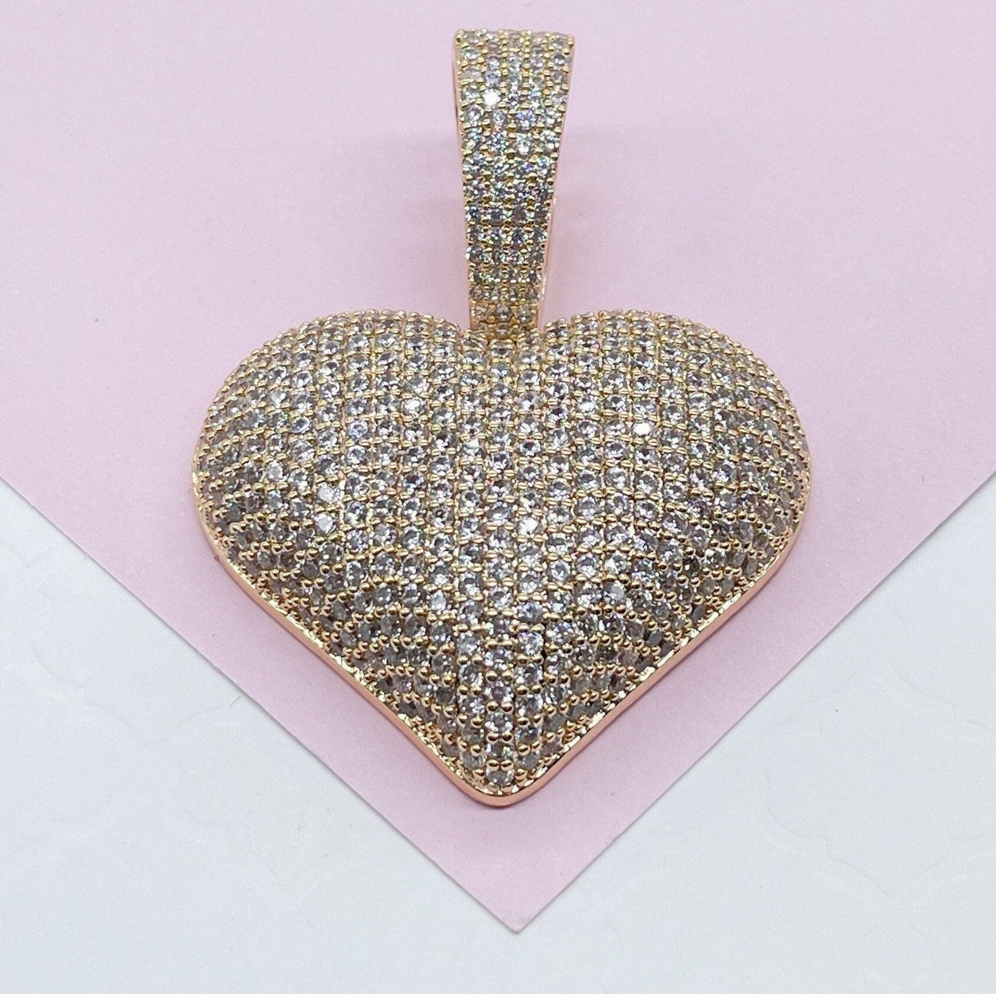 18k Gold Filled CZ Pave Large Puffy Heart Charm Pendant