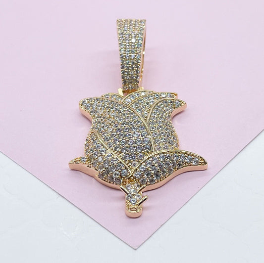 18k Gold Filled Large White CZ Pave Rose Pendant