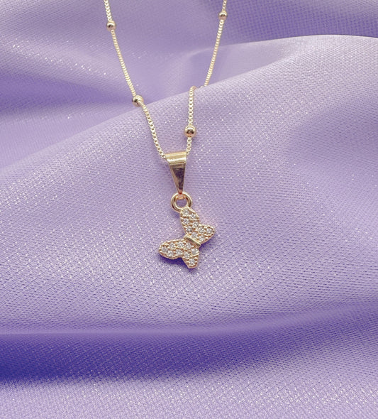 18k Gold Filled Mini Pave Butterfly Pendant with Satelite Chain