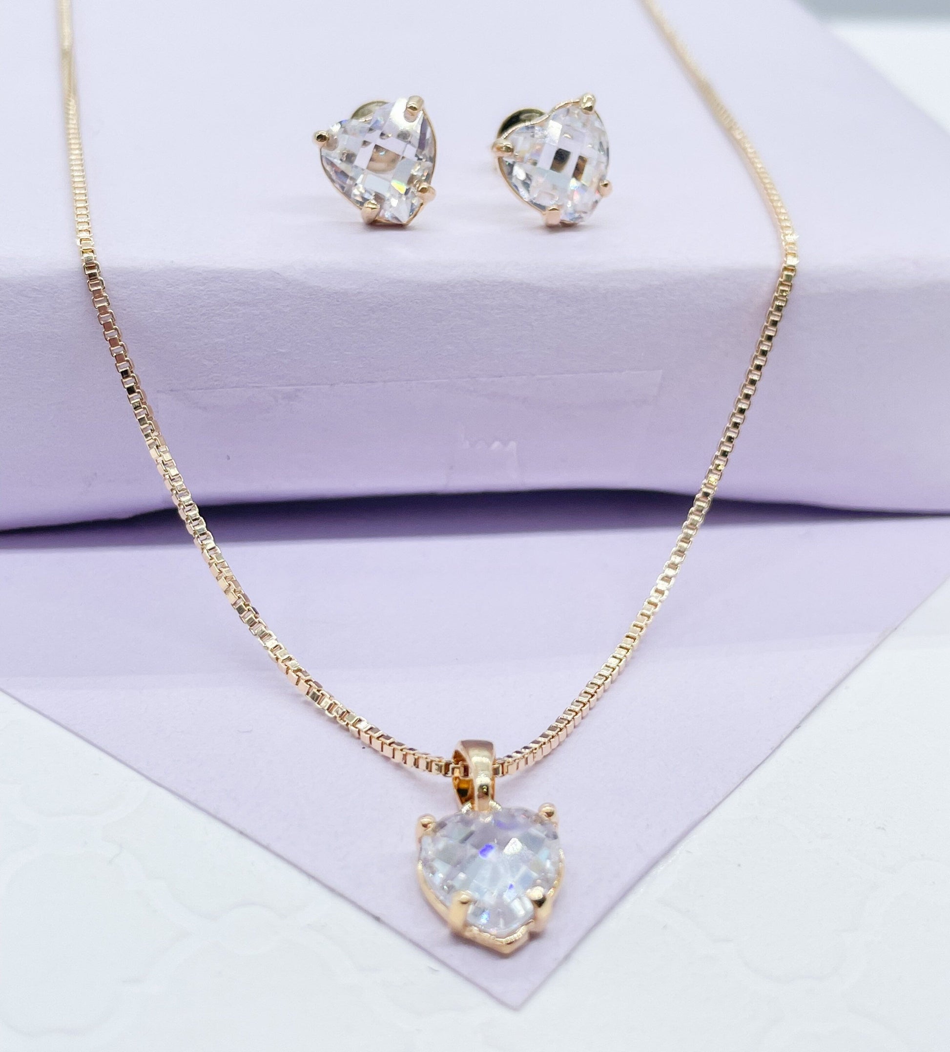 18k Gold Filled Clear CZ Stone Heart Set With Thin Dainty Box Chain