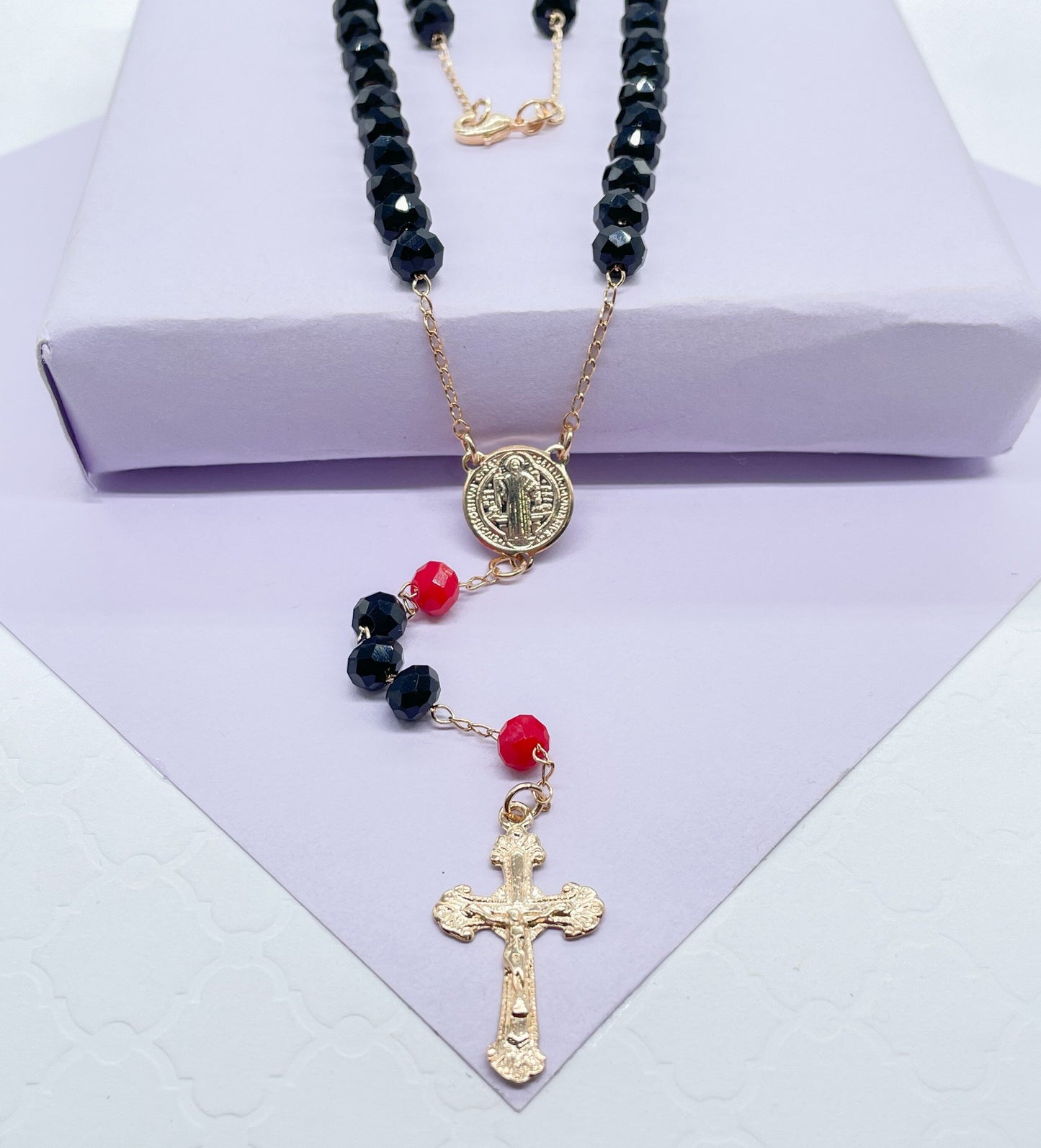 18k Gold Filled Black and Red Beaded Rosary With San Benito Charm And Cross