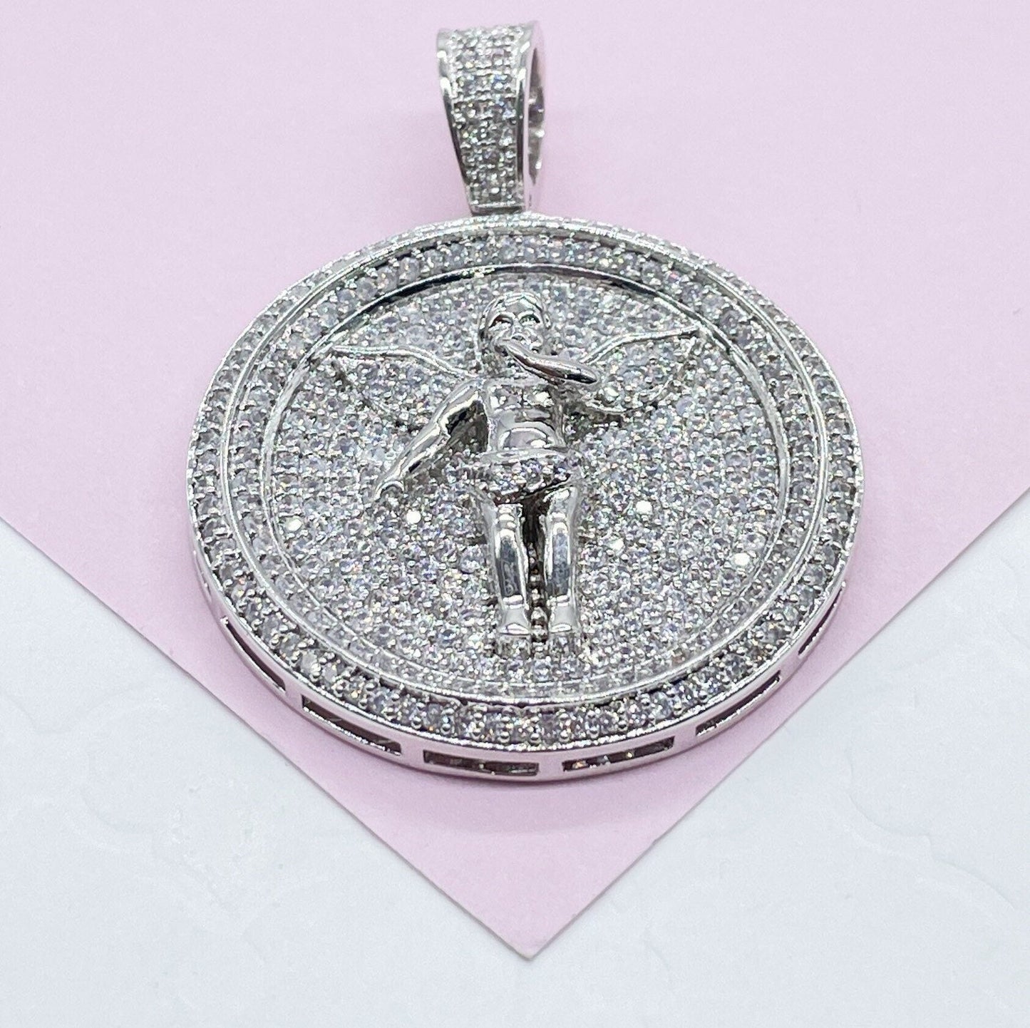 Silver Filled CZ Pave Zirconia Open Wings Angel Pendant Medal
