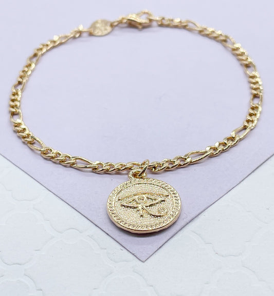 18k Gold Filled Figaro Link Bracelet With Eye Charm in Center