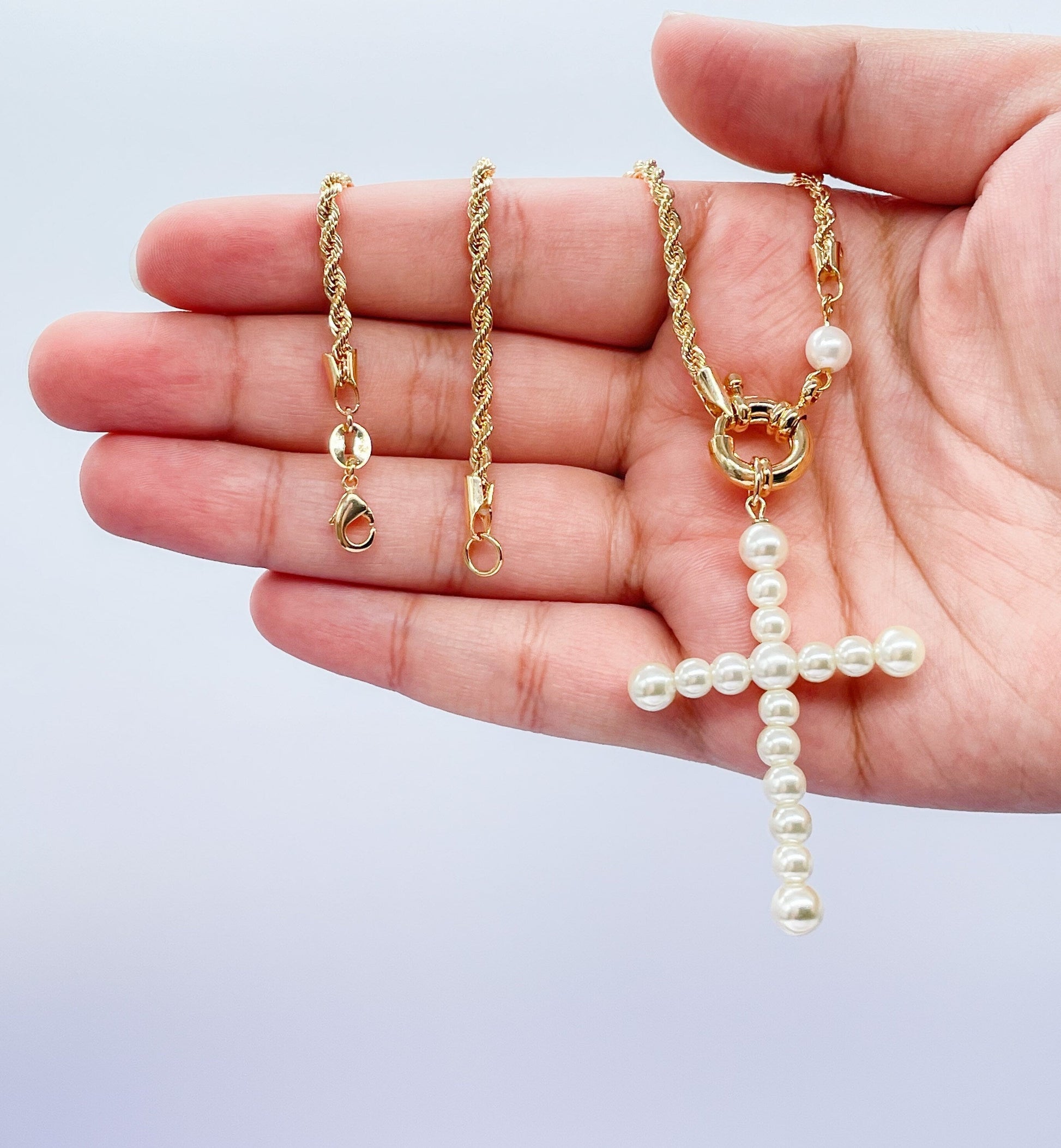 18k Gold Filled Rope Chain With Pearl Cross Center piece With Pearl Piece