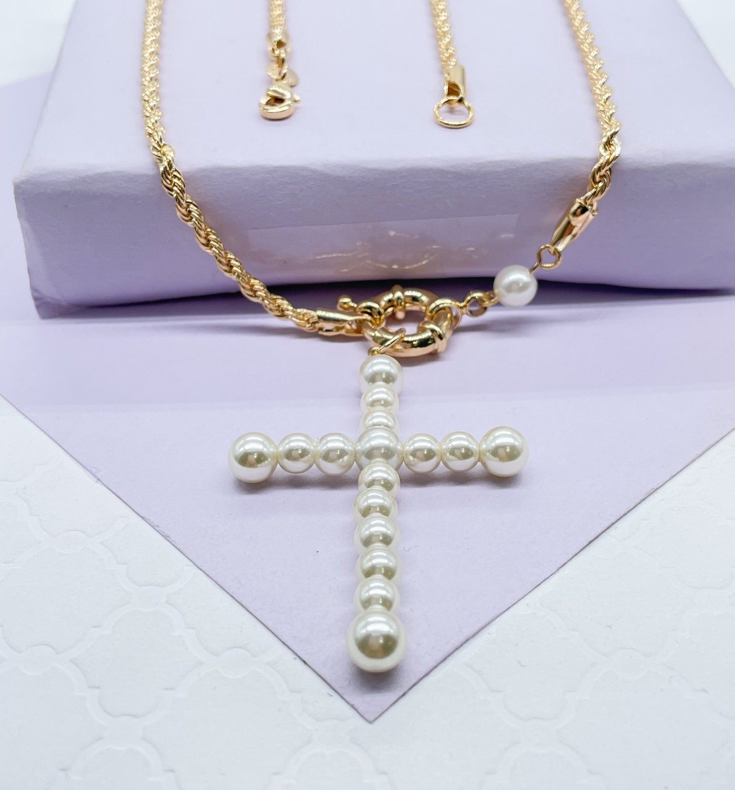 18k Gold Filled Rope Chain With Pearl Cross Center piece With Pearl Piece