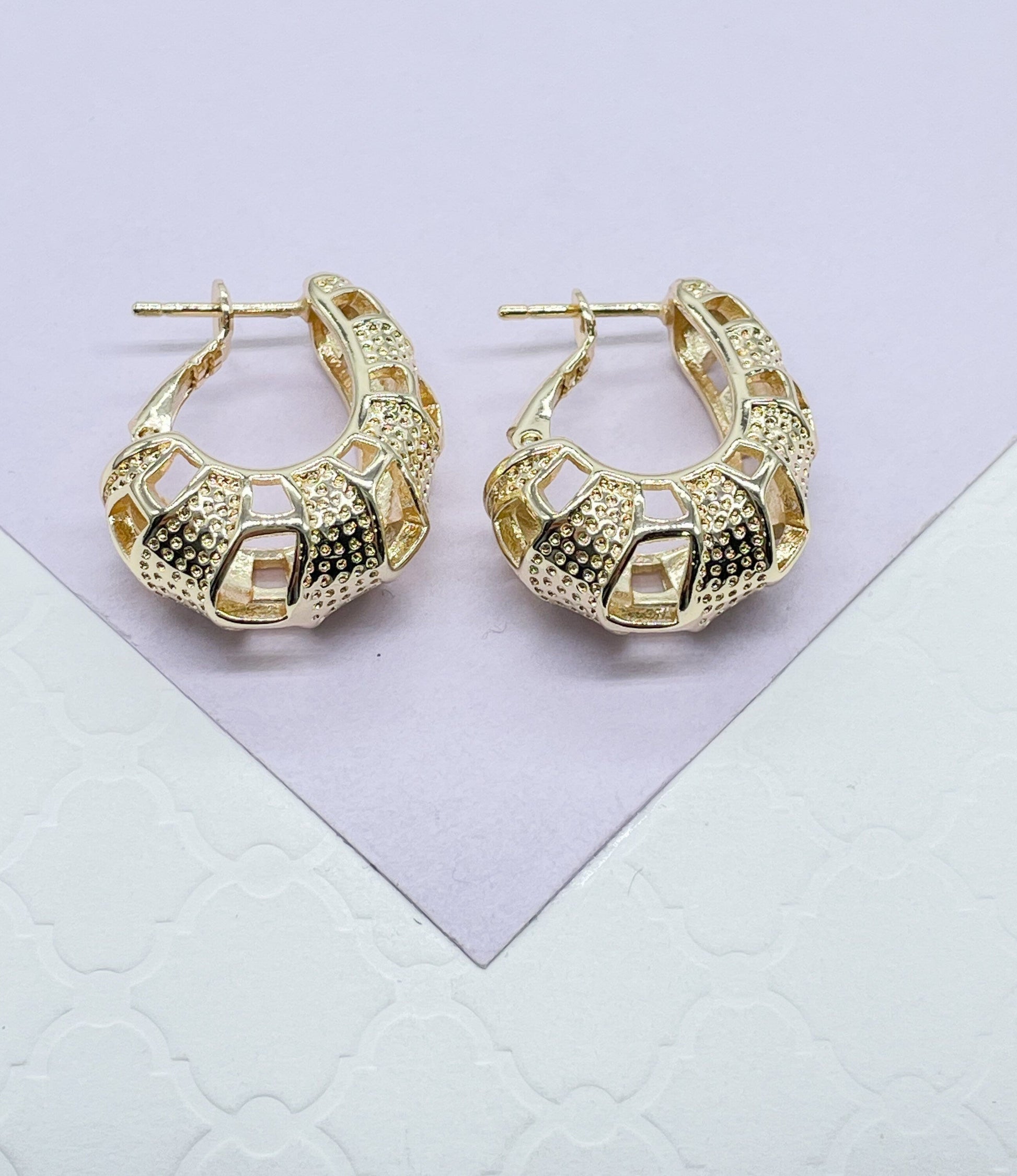 18k Gold Filled Drop Style Earrings With Engraved Patterns