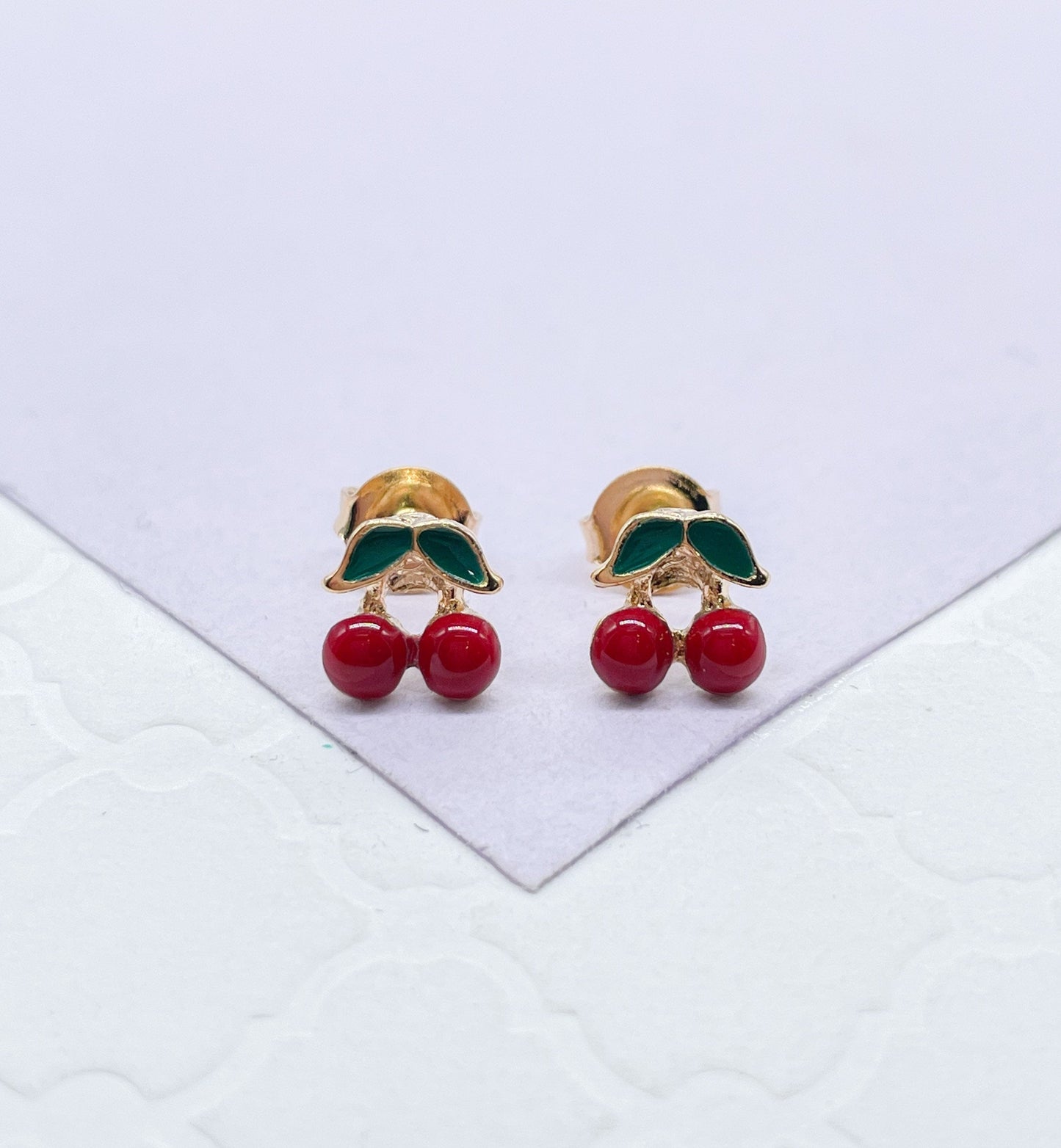 18k Gold Filled Enamel Cherry Stud Earring