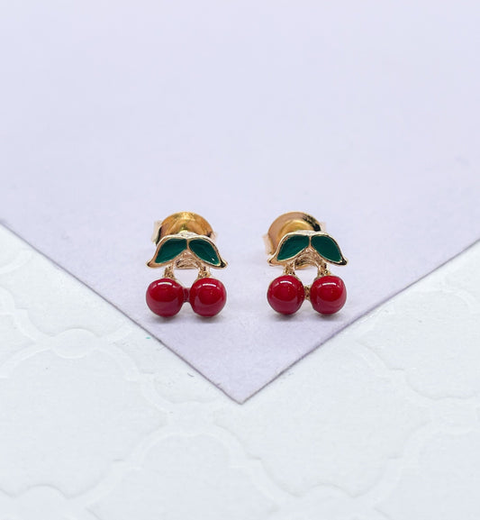 18k Gold Filled Enamel Cherry Stud Earring