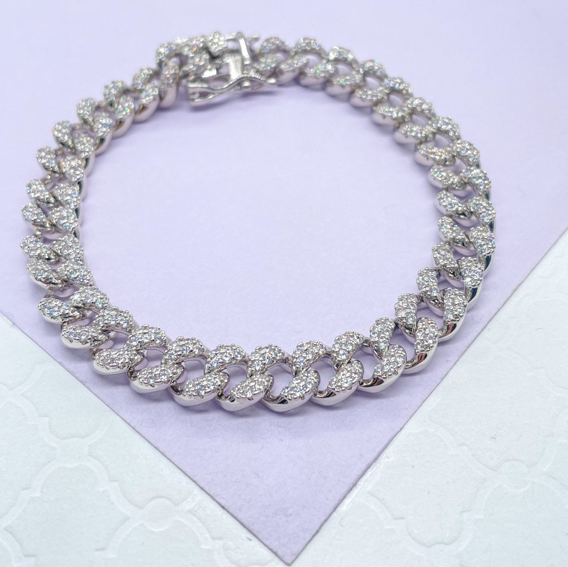 Silver Filled With Rodium Cuban Link CZ Stone Bracelet