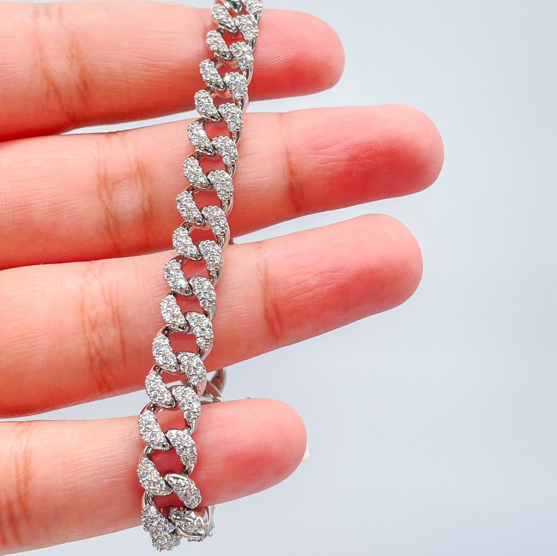 Silver Filled With Rodium Cuban Link CZ Stone Bracelet