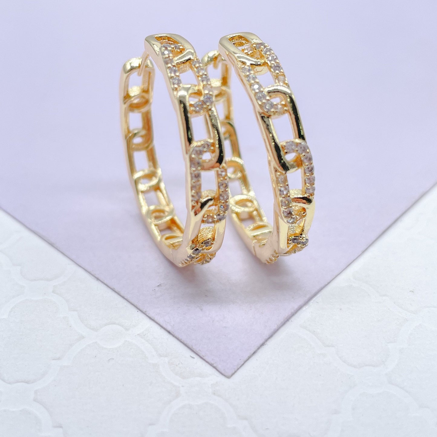 18k Gold Filled Slim Link Hoops Patterned With CZ Stones