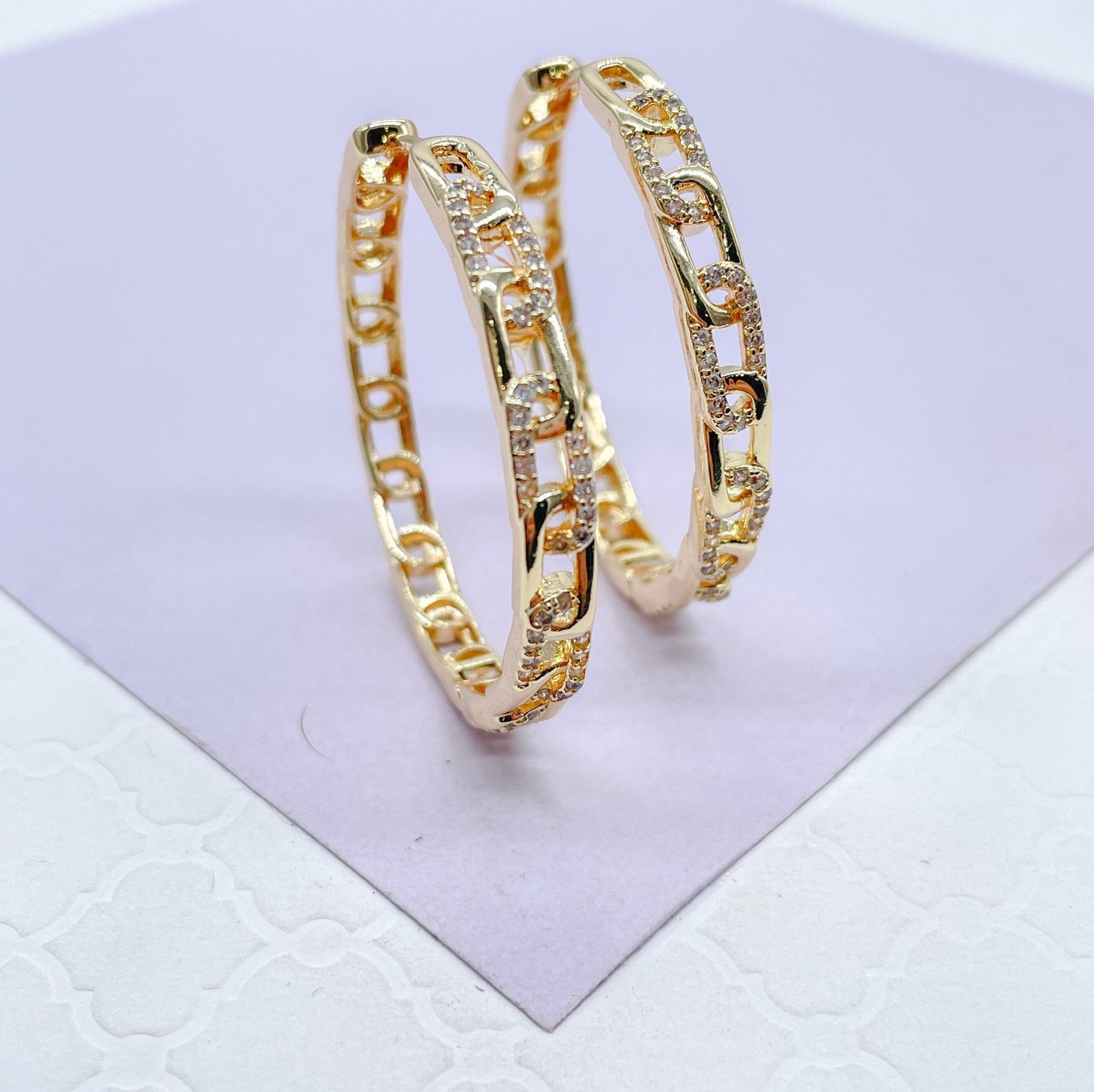 18k Gold Filled Slim Link Hoops Patterned With CZ Stones